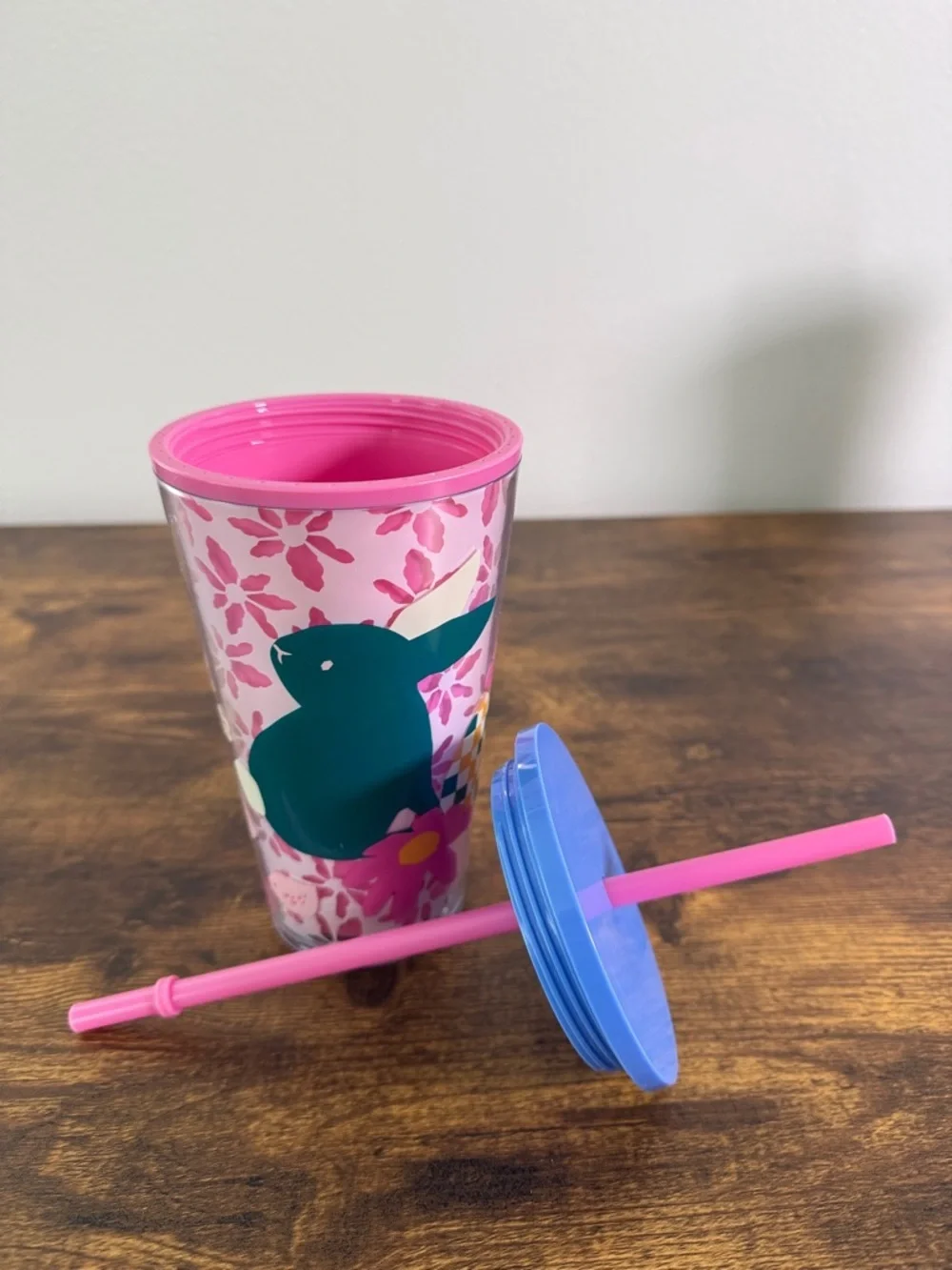 NWT Starbucks Pink Floral Tumbler with Blue Lid and Hot Pink Straw, 14 Oz